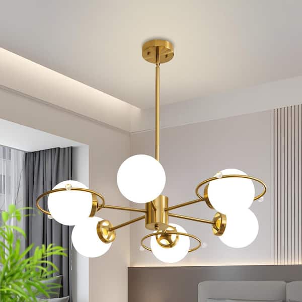 Deyidn Modern 6-Light Gold Sputnik Chandeliers with Milk White Glass Shade and Height Adjustable, Bulbs Not Included