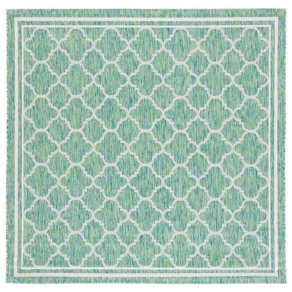 Courtyard Green/Ivory 7 ft. x 7 ft. Border Quatrefoil Indoor/Outdoor Square Area Rug