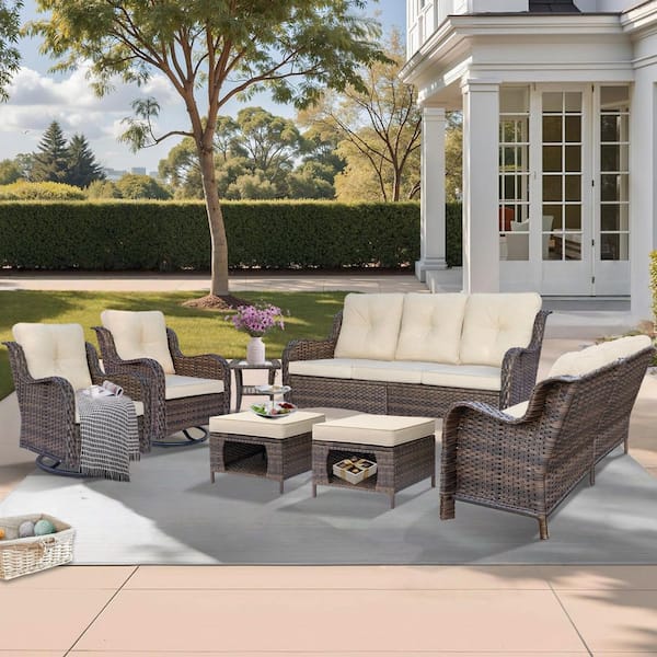 Brown 7-Piece Wicker Outdoor Patio Conversation Seating Sofa Set with Beige Cushions and Swivel Rocking Chairs