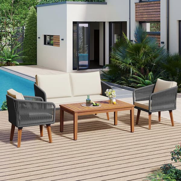 最安価格 Metal 4-Piece Rope Gray Outdoor Patio Set, Sectional ラグ・カーペット