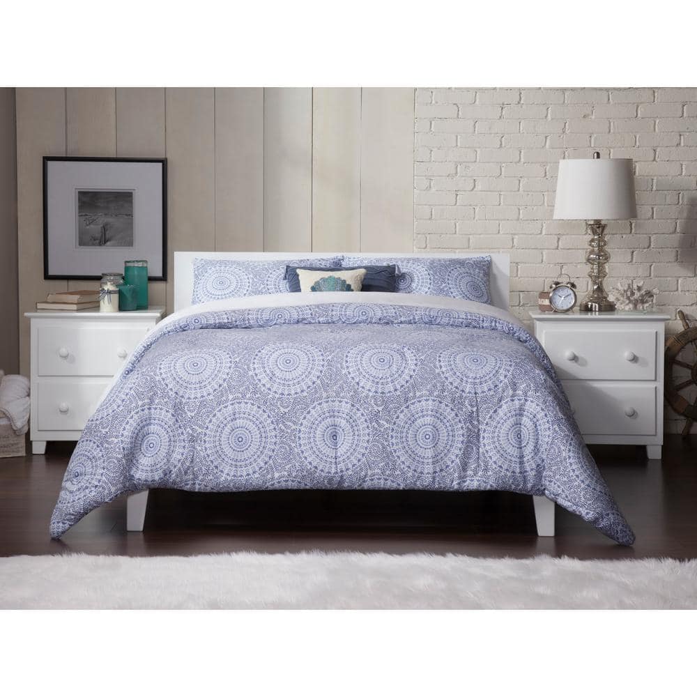 White Full Mid-Century Modern Wood Platform Bed with Headboard