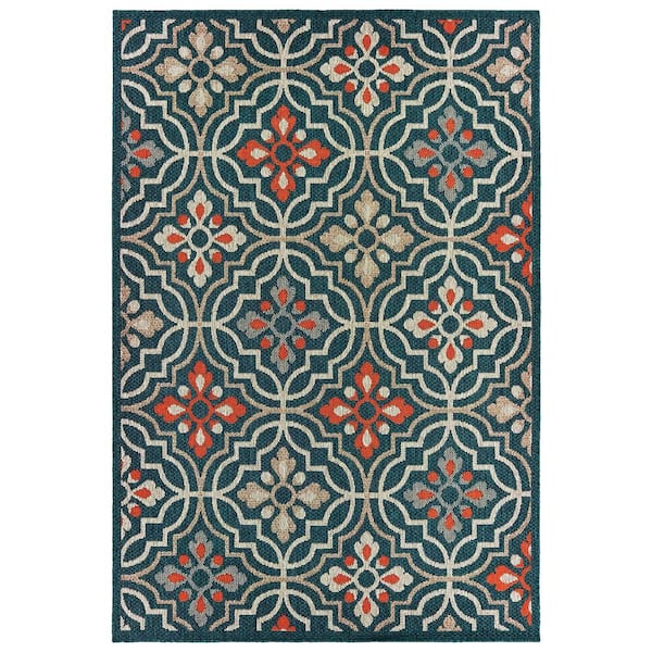 AVERLEY HOME Bermuda Blue/Orange 10 ft. x 13 ft. Floral Indoor/Outdoor Patio Area Rug