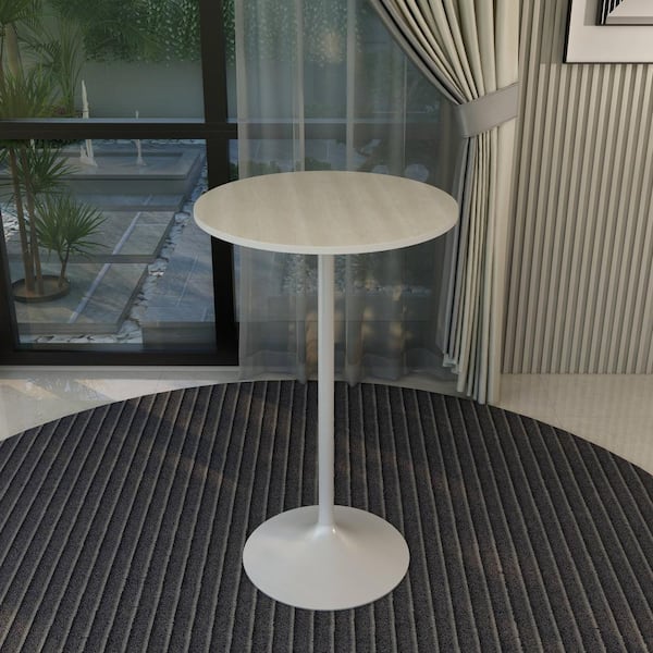 Leisuremod Round 27 in. Bar Height Dining Table with MDF Top and White Steel Pedestal Base Verve Collection in Light Natural Wood