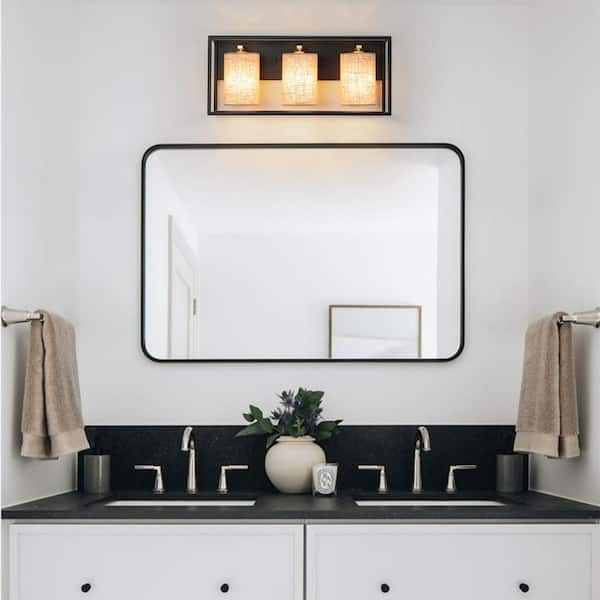 Haven 3-Light 20.1 in. W Black Modern Vanity Light with Brass Accents and Linen Fabric Shade for Bathroom or Vanity