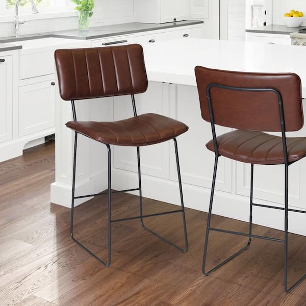 Tribeca 24 in. Steel Frame with Cordovan Brown Faux Leather Seat and Standard Curved and Tufted Back Counter Stool