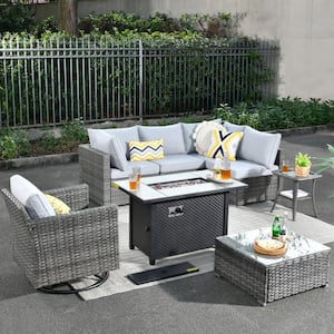 Messi Gray 8-Piece Wicker Outdoor Patio Conversation Sofa Fire Pit Set with a Swivel Chair and Light Gray Cushions