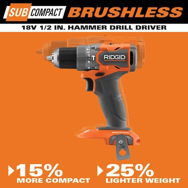RIDGID - 18V SubCompact Brushless Cordless 2- Tool Combo Kit w/ Hammer Drill, Impact Driver, (2) 2.0 Ah Batteries, Charger, & Bag