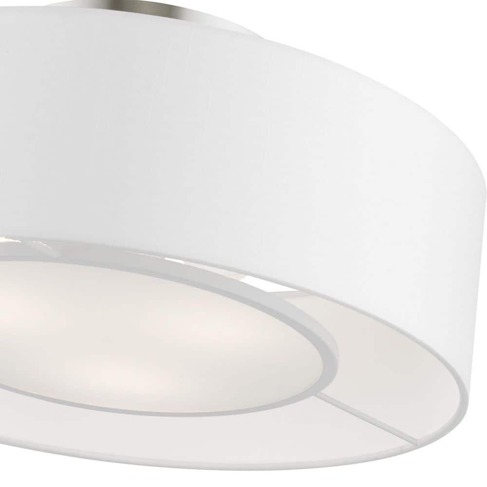 Elegant Brushed Nickel 3-Light Semi-Flush Mount with Off-White Drum Shade