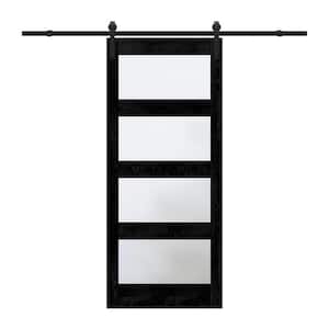 36 in. x 84 in. 4-Lite Tempered Frosted Glass Black Prefinished MDF Sliding Barn Door with Hardware Kit