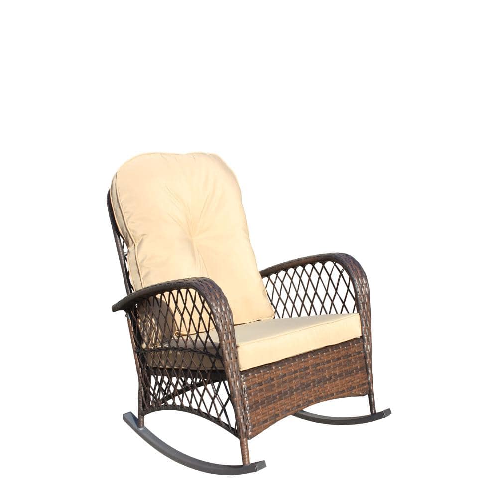Brown wicker rocking chair with beige cushions.