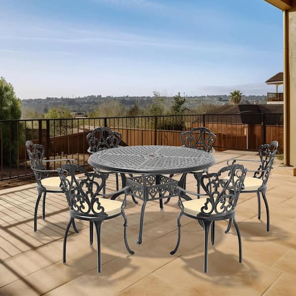 AUTMOON 7-Piece Cast Aluminum Patio Furniture Outdoor Dining Set with Random Color Cushions and Umbrella Hole