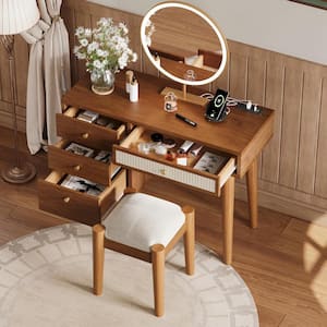 Walnut 2-Piece Retro Bohemian Style Makeup Vanity Set with Stool, 4-Drawer, Charging Plug and USB Port