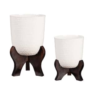 White Metal Planter with Wooden Legs (Set of 2)