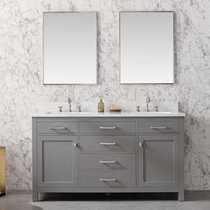 Jasper 60 in. W x 22 in. D Bath Vanity in Gray with Engineered Stone Vanity in Carrara White with White Sinks