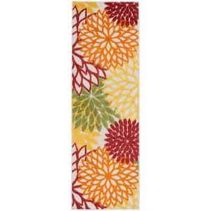 Aloha Red Multi Colored 2 ft. x 8 ft. Kitchen Runner Floral Contemporary Indoor/Outdoor Patio Area Rug