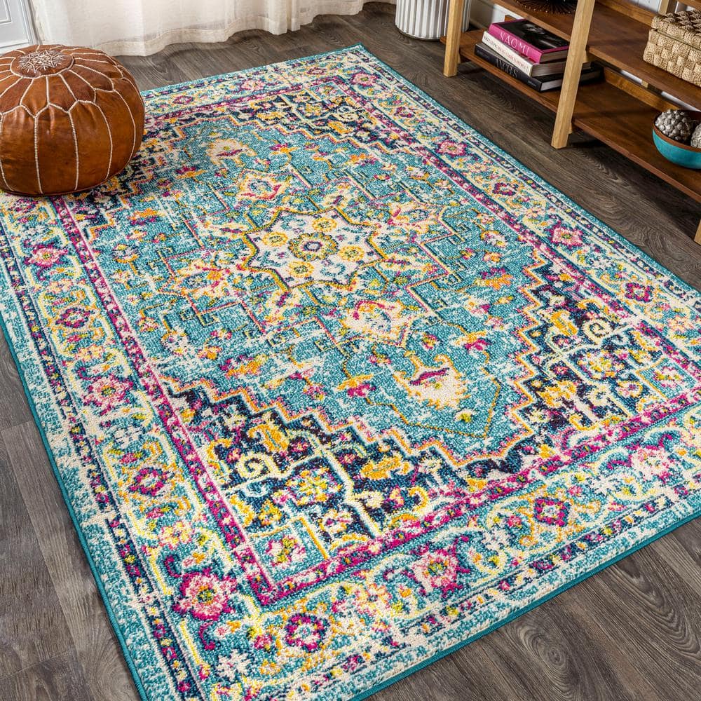 Blue Rectangular Medallion Synthetic Easy Care Rug