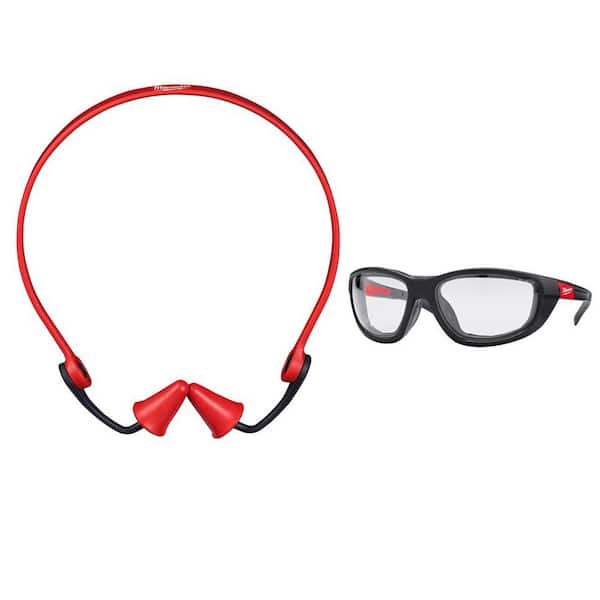 Milwaukee Banded Reusable Earplugs with 25 dB Noise Reduction and Performance Safety Glasses with Clear Fog-Free Lenses and Gasket