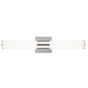 Saavy 24 in. 2-Light Integrated LED Brushed Nickel Bathroom Vanity Light Fixture with Round Cylinder Acrylic Shade