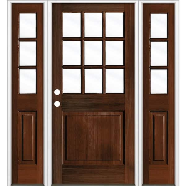 Krosswood Doors 64 in. x 80 in. Farmhouse 9-Lite Clear Glass Right Hand Red Mahogany Stain Hemlock Wood Prehung Front Door w/ DSL
