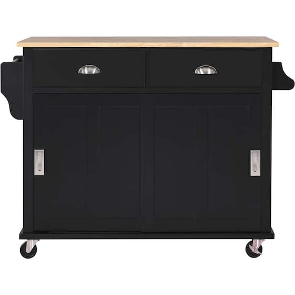 JimsMaison Black Rubber Wood Kitchen Cart with Cabinets JMKKKC01BL ...