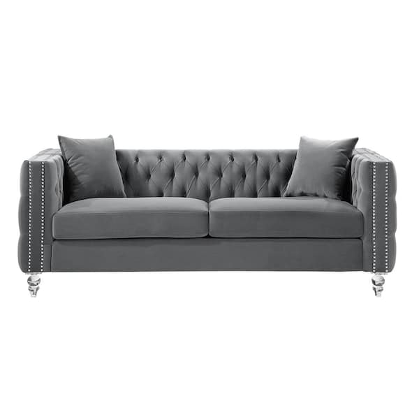 Lazzara Milo 85 in. W Straight Arm Velvet Rectangle Sofa in. Gray