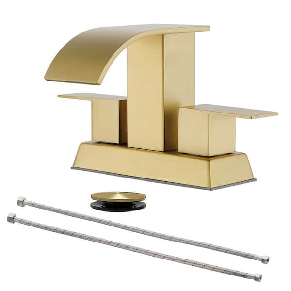 4 in. Centerset Double Handle Bathroom Faucet with Drain Kit Included, Wide Waterfall Spout Faucet in Brushed Gold
