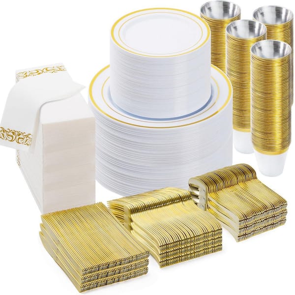 700-Piece Gold Plastic Dinnerware Set for Service for 100, 200 Plates, 100 Gold Silverware, 100 Cups, 100 Paper Napkins