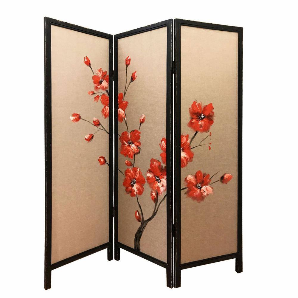 63" Brown Fabric and Wood 3-Panel Screen with Red Poppy Design