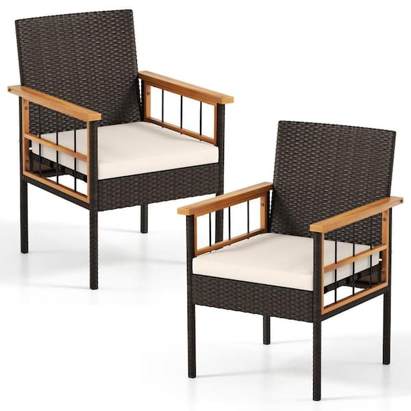 Set of 2 Patio Dining Chairs w/ Removable Padded Cushion Acacia Wood Armrests Natural and Mix Brown Outdoor