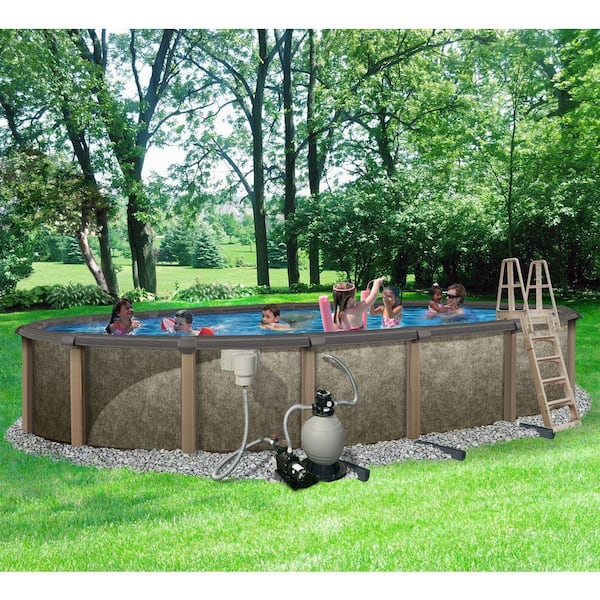 Blue Wave Riviera 18 ft. x 33 ft. Oval x 54 in. Deep Metal Wall Above Ground Pool Package with 8 in. Top Rail