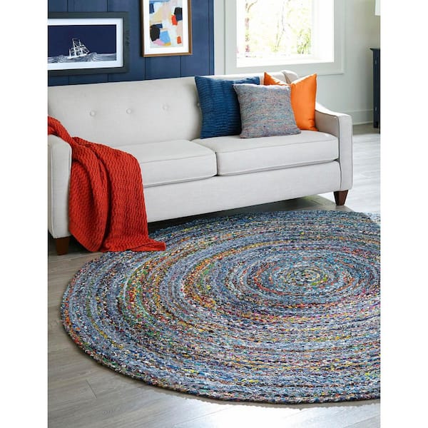 Unique Loom Braided Chindi Blue/Multi 3 ft. x 3 ft. Round Area Rug