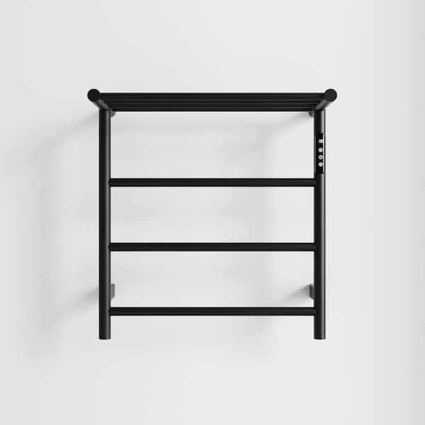 Wall Mounted Heated Towel Rack in Black w/Intelligent Touch Screen Timer,Top Shelf,3-Bar Towel Warmer,Plug-in/Hard-Wired