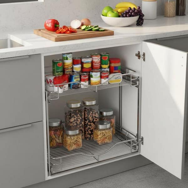 Chrome Steel 2 Tier Pull Out Cabinet Organizer Wire Basket Slide Out Shelf for Kitchen Pantry Bathroom 1 Piece