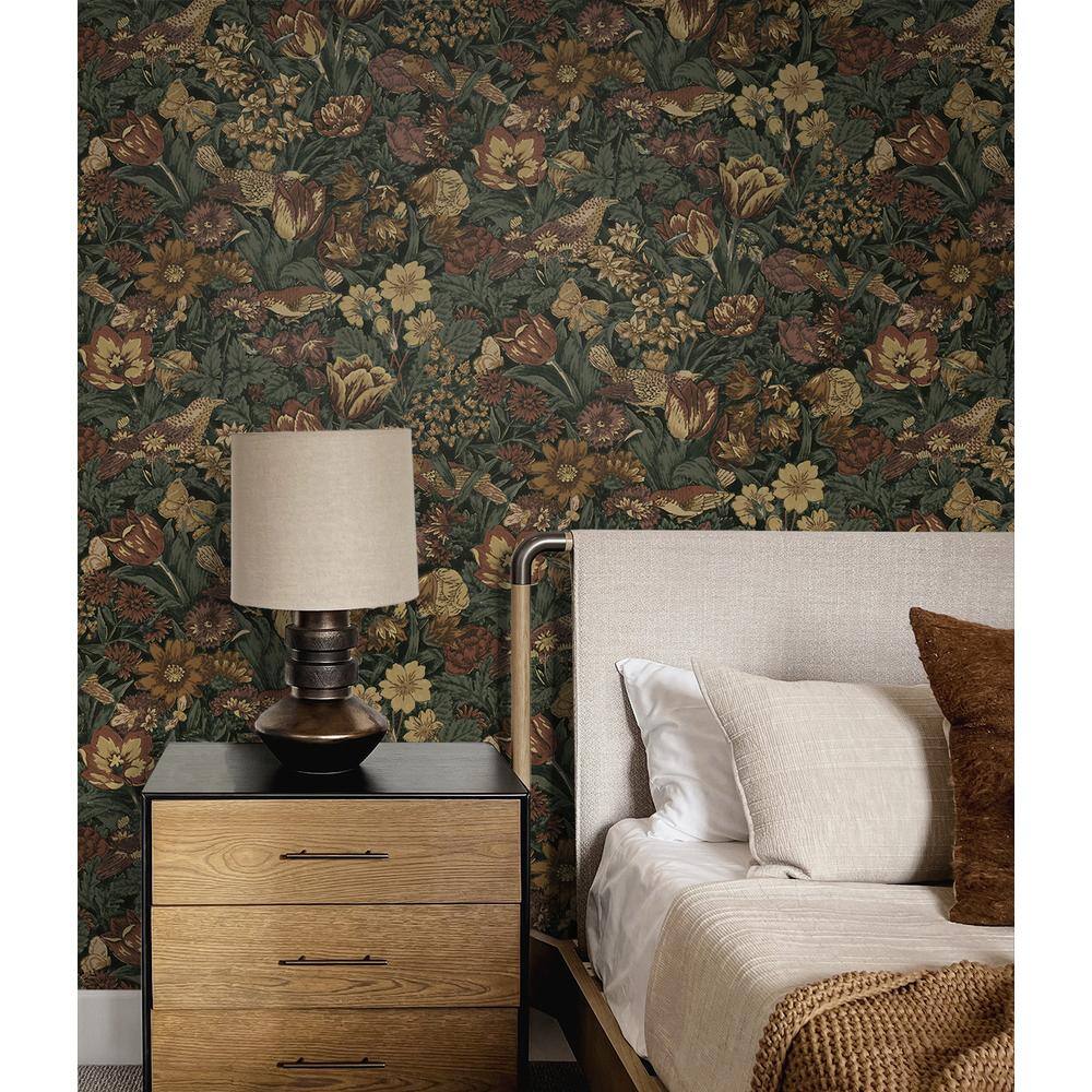 Mahogany and Graphite Bird Floral Pre-pasted Vinyl Wallpaper