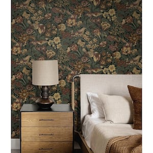 Mahogany and Graphite Bird Floral Prepasted Paper Wallpaper Roll