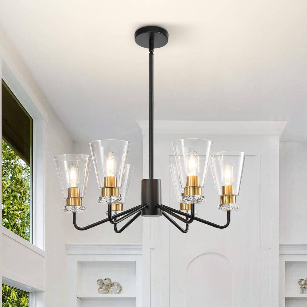 KAISITE 6-Light Black and Gold Chandelier with Glass Shade Height ...