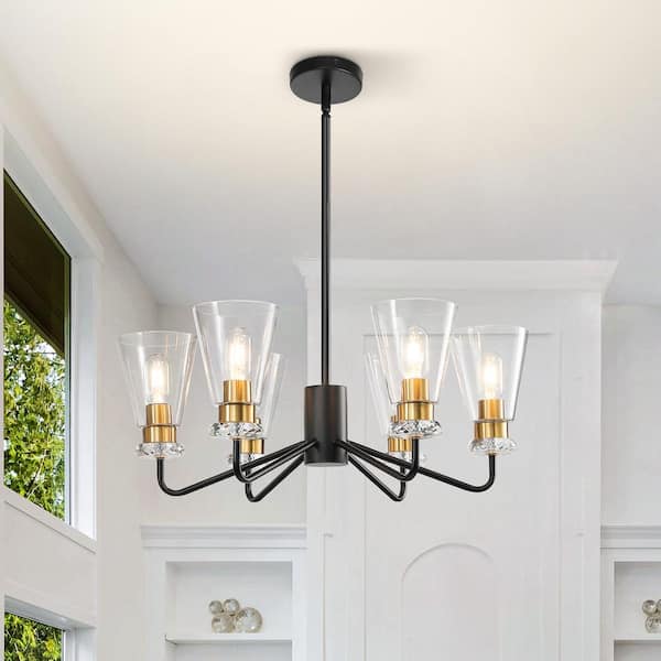 KAISITE 6-Light Black and Gold Chandelier with Glass Shade Height Adjustable Chandeliers for Dining Room Living Room