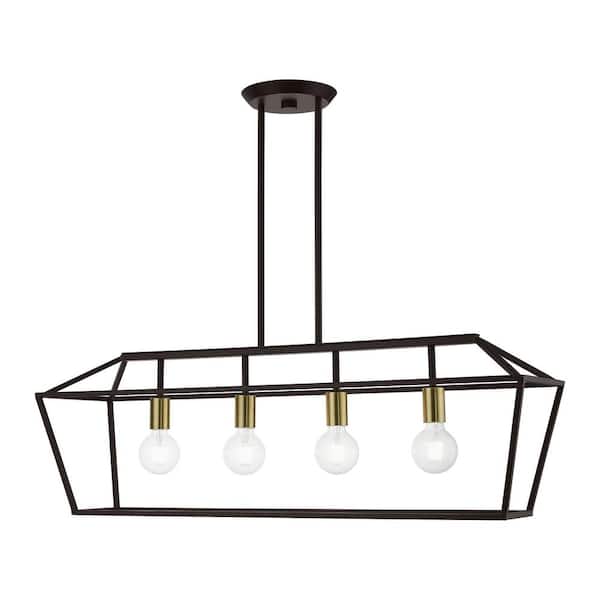 Devone 4-Light Bronze Linear Chandelier with Antique Brass Accents