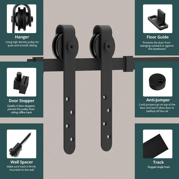 Movisa 6 ft./72 in. J-Shaped Sliding Single Barn Door Hardware Kit with Large Wheel Rollers, Matte Black