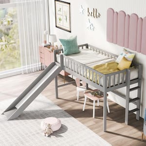 Gray Modern Twin Size Low Loft Bed with Slide, Wood Kids Loft Bed Frame with Ladder and Rails, No Box Spring Needed