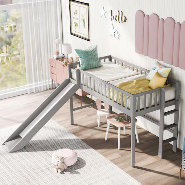 ANBAZAR Gray Modern Twin Size Low Loft Bed with Slide, Wood Kids