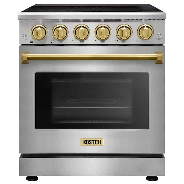 30 in. 5 Elements Freestanding Electric Range w/ 4.55 cu. ft. True Convection Oven in Stainless Steel w/ Bronze Handles