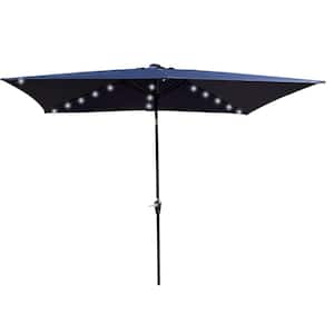 10 ft. x 6.5 ft. Rectangular Market Solar Push Button Tilt Patio Umbrella in Navy Blue with Crank and LED Lights
