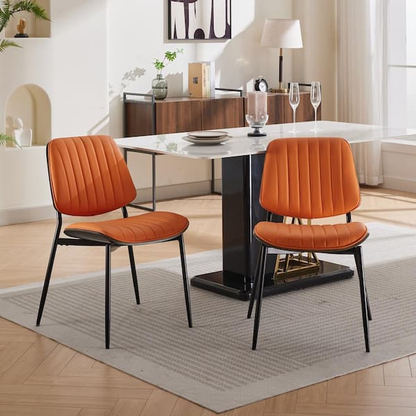 Modern Retro Orange Dining Chair (Set of 2) with Walnut Bentwood Back Upholstered Seat Metal Legs Adjustable Foot