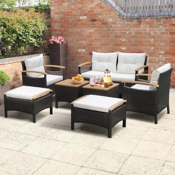 7-Piece Wicker Rattan Patio Conversation Set with Acacia Wood Tabletop and Off White Cushions