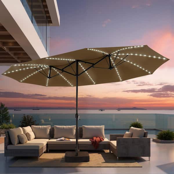15 ft. Patio Solar Market Umbrella Double-Sided Twin Outdoor Umbrella with Base and Solar LED Lights in Tan