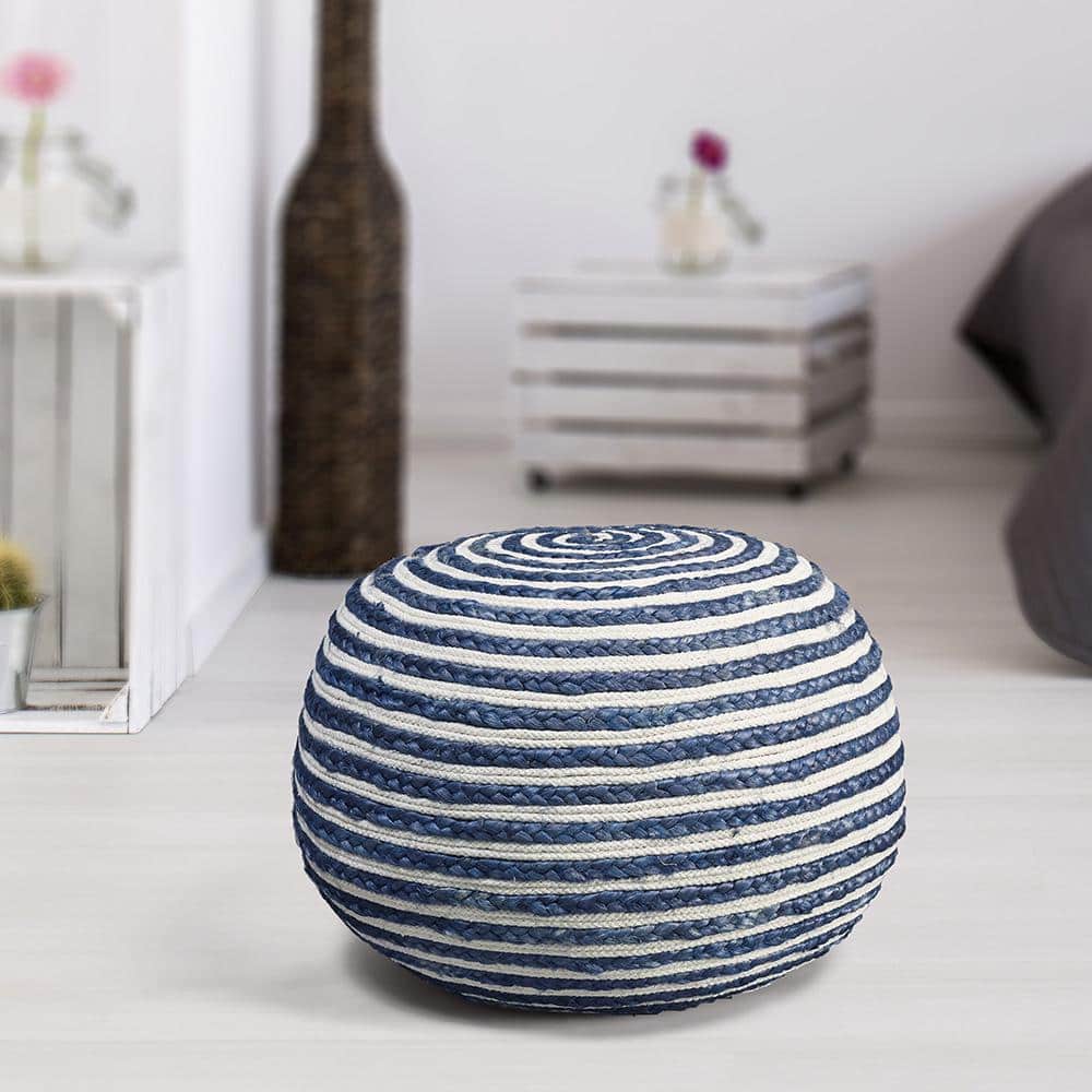 Elena Blue/White Striped Braided Cotton Blend Ottoman Pouf