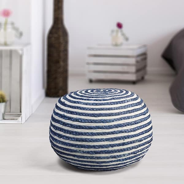Elena Blue/White Striped Braided Cotton Blend Ottoman Pouf