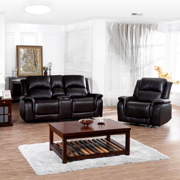 HOMESTOCK 37.79 in. W Rolled Arm Faux Leather Modular Sofa Push Back Recliner, Loveseat and Chair in Espresso