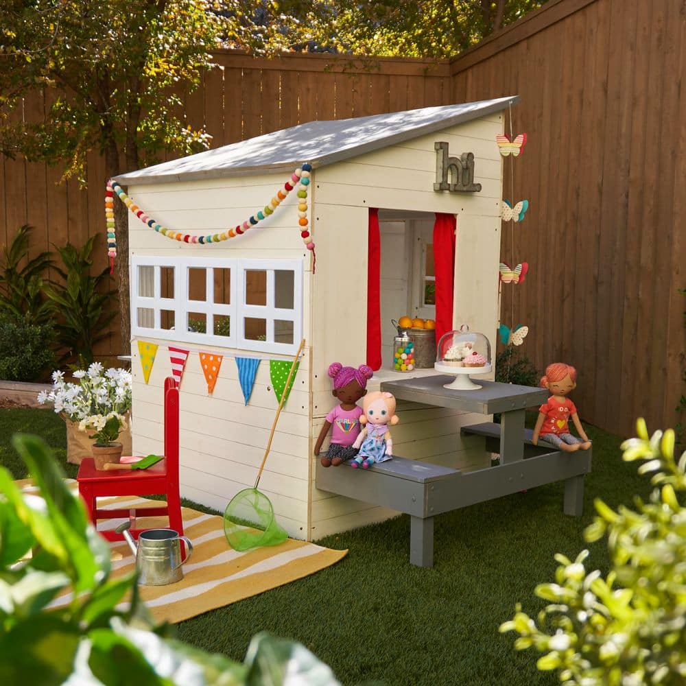 KidKraft White Wooden Outdoor Playhouse with Picnic Table and Grill